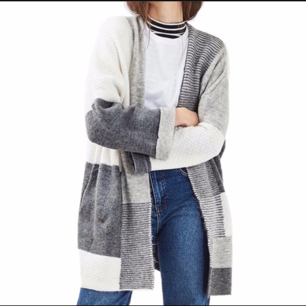 Topshop Patchwork Gray Color block open cardigan